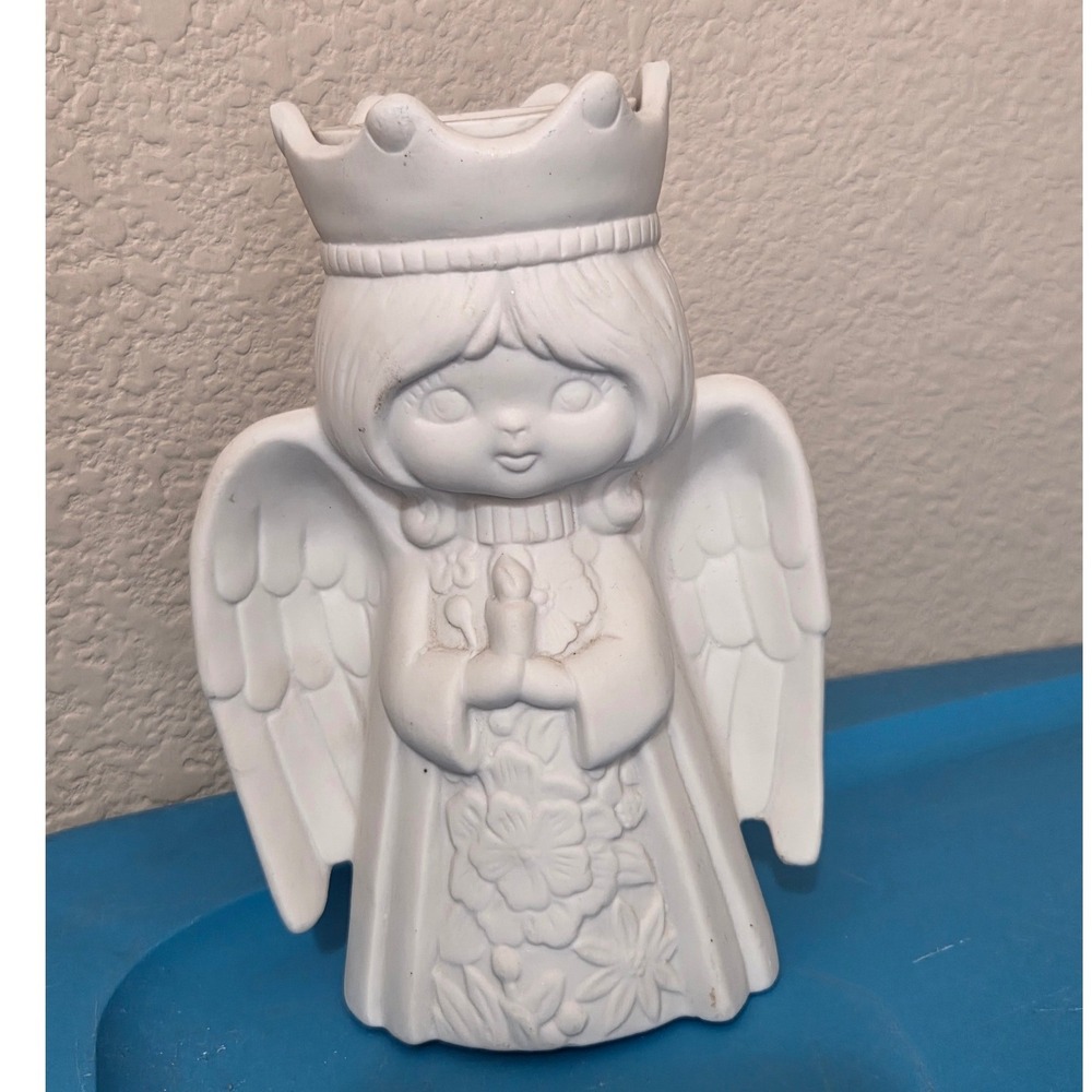 Vintage White Bisque Ceramic Angel Figurine Crown Candle Holder 6 Inch